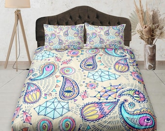 Colorful Paisley Fitted Sheet Deep Pocket, Aesthetic Bedding Set Full, Elastic Bedsheet, Dorm Bedding, Crib Sheet, Size King, Queen, Double