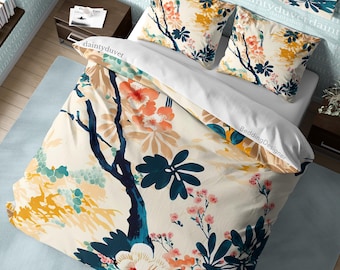 Sakura Duvet Designer Cherry Blossom Quilt Cover, Japanese Pattern Bedding Set Beige Blanket Cover, Teens Bedroom Bed Cover
