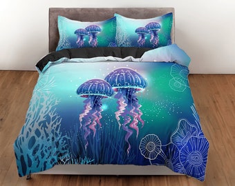 Jelly Fish Cotton Duvet Cover Underwater Quilt Cover, Blue Ocean Bedding Set Sea Creatures Blanket Cover, Futuristic Bedspread