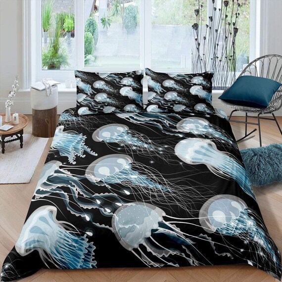 Blue Jellyfish Bedding Black Duvet Cover Ocean Blush Sea Etsy