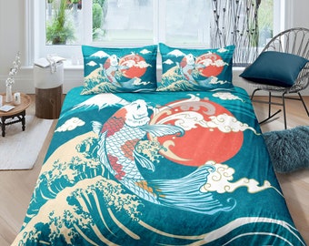 Oriental blue green bedding, Koi fish in big ocean waves on Japanese duvet cover set for king, queen, full, twin, single bed, Zipper bedding