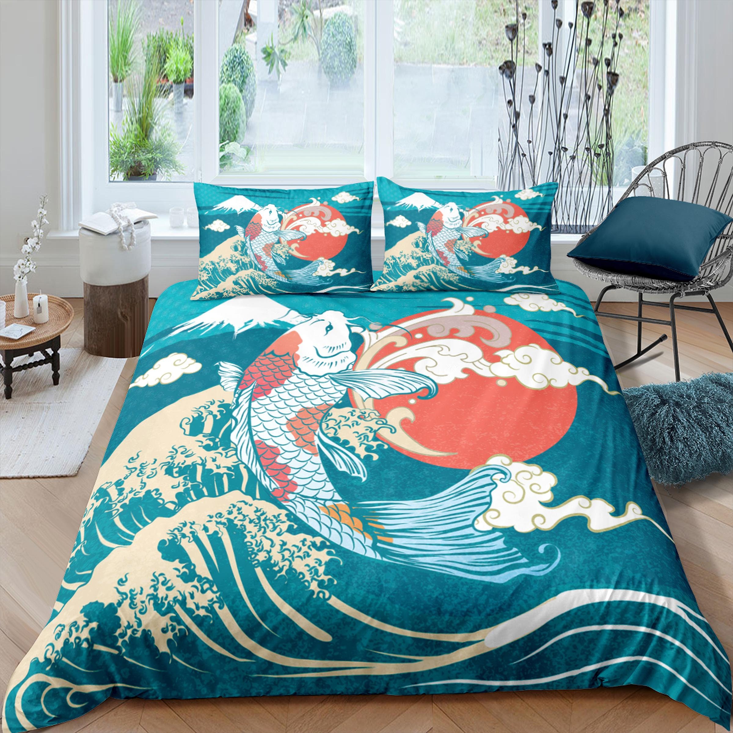Oriental Blue Green Bedding, Koi Fish in Big Ocean Waves on