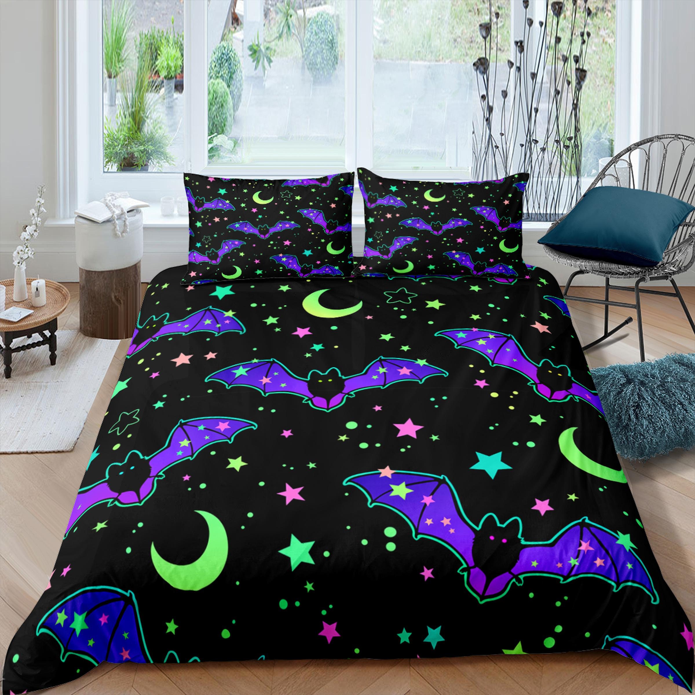Moon Stars and Bat 90s Neon Halloween Bedding Hippie Retro Etsy