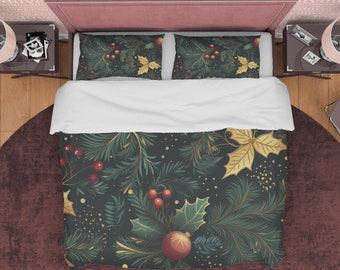 Mistletoe Christmas Duvet Cover Green Red Quilt Cover, Holiday Vibe Blanket Cover Kid's Bedroom Bedding Set, Unique Bedspread