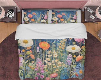Matilija Poppy Colorful Floral Duvet Cover Set Boho Bedding, Shabby Chic Quilt Cover Still Life Flowers, Aesthetic Room Decor Blue Bedspread