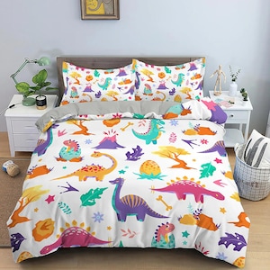 Colorful Cute Dinosaurs Bedding, Duvet Cover Set & Pillowcase, Zipper Bedding, Dorm Bedding, Teens Adult Duvet King Queen Full Twin Single