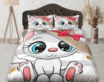 Cute White Cat Girly Fitted Sheet Deep Pocket, Aesthetic Dorm Bedding Set Full, Elastic Bedsheet, Crib Sheet, Baby Bedding, Cat Lover Gift
