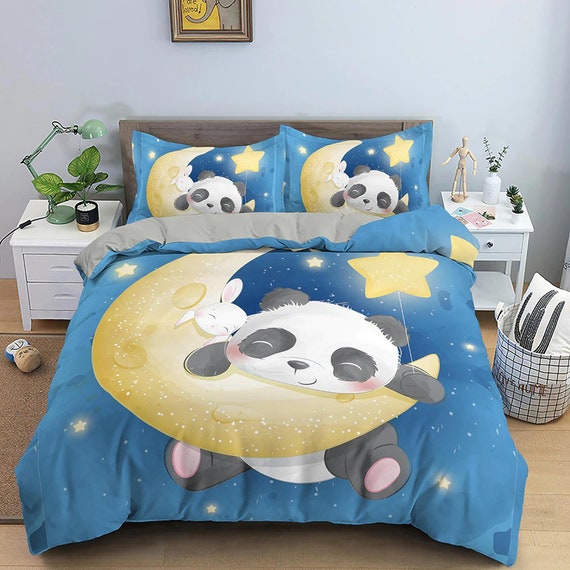 Cute Panda and Bunny in Crescent Moon, Blue Toddler Bedding, Duvet