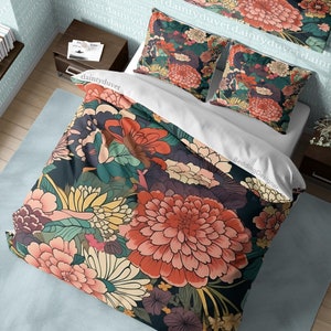 Red Chrysanthemum Quilt Cover Japanese Bedding Set, Cotton Duvet Cover Peony Blanket Cover, Adults Bedroom Bedspread Teens Room Bed Cover