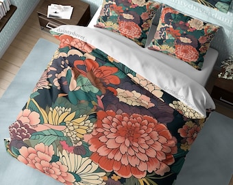 Red Chrysanthemum Quilt Cover Japanese Bedding Set, Cotton Duvet Cover Peony Blanket Cover, Adults Bedroom Bedspread Teens Room Bed Cover