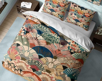 Oriental Pattern Quilt Cover Japanese Bedding Set, Cotton Duvet Cover Colorful Blanket Cover, Adults Room Bedspread Grandmas Holiday Gift