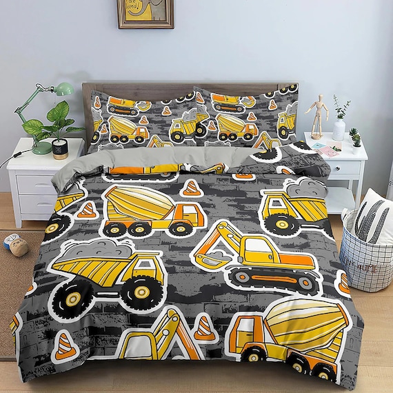 Yellow Bulldozer Construction Work Grey Toddler Bedding, Unique Duvet Cover  Kids, Crib Bedding, Baby Zipper Bedding, King Queen Full Twin 