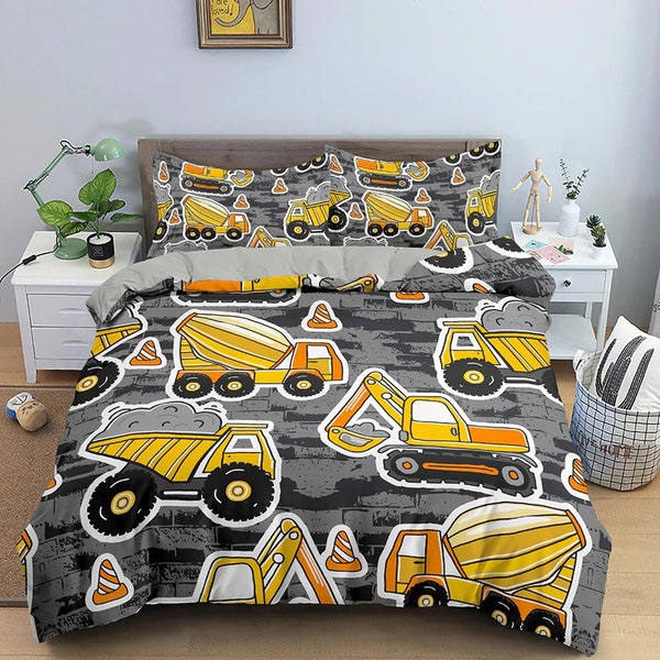 Yellow Bulldozer Construction Work Grey Toddler Bedding, Unique Duvet Cover Kids, Crib Bedding, Baby Zipper Bedding, King Queen Full Twin