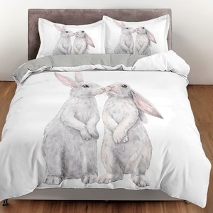 Katoenen konijn dekbedovertrek schattige dieren dekbedovertrek, witte beddengoedset kinderkamer dekenovertrek, sprei voor peuterkamer unieke sprei