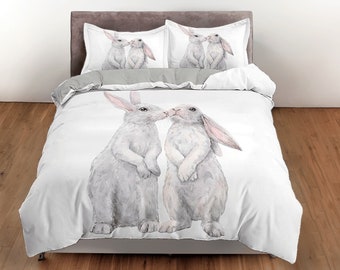 Bunny Cotton Duvet Cover Cute Animal Quilt Cover, White Bedding Set Kids Bedroom Blanket Cover, Toddlers Room Bedspread Unique Bedcover