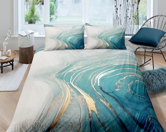 Eigentijdse slaapkamerset vervaagd blauw esthetisch dekbedovertrek, luxe goudmarmer abstracte kunst kamerinrichting boho chic beddengoed set volledige koning koningin