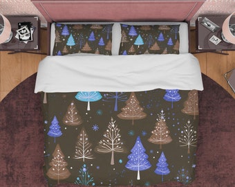 Purple and Brown Christmas Tree Duvet Cover Set Holiday Quilt Cover, Christmas Bedding, Aesthetic Room Decor, Cotton Bedspread