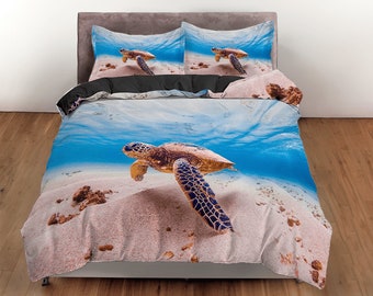 Sea turtle cotton duvet cover underwater quilt cover, realistic bedding set teens bedroom blanket cover, nature lover room bedspread