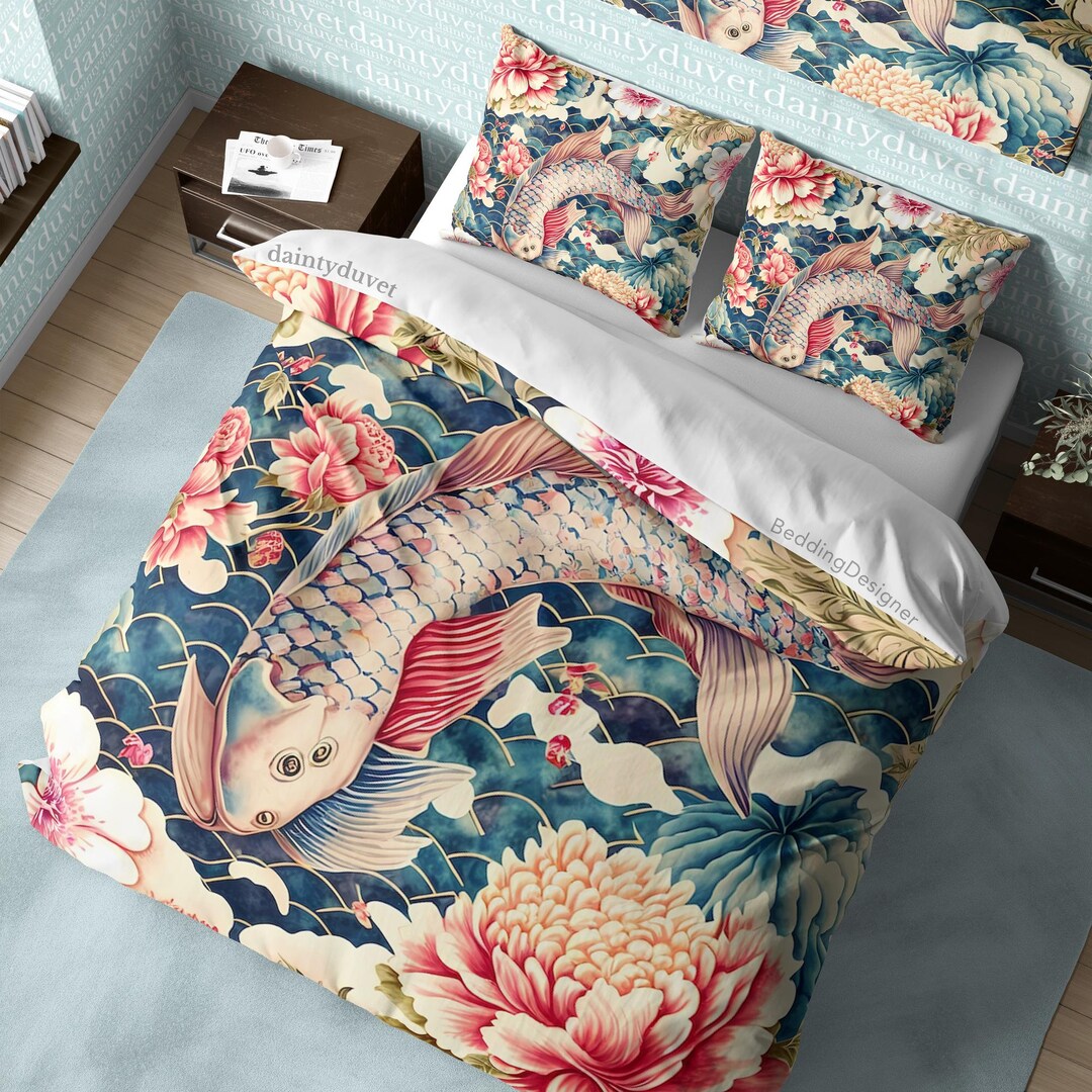 Koi Fish Quilt Cover Japanese Bedding Set Cotton Duvet Cover Etsy