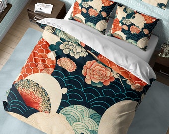 Wavy Duvet Cover Oriental Pattern Quilt Cover, Japanese Pattern Bedding Set Chrysanthemum Blanket Cover, Girly Bedroom Bedspread