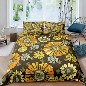 Mid century modern bedding brown floral duvet cover colorful retro bedding, vintage style boho chic bedspread aesthetic bedding daisy