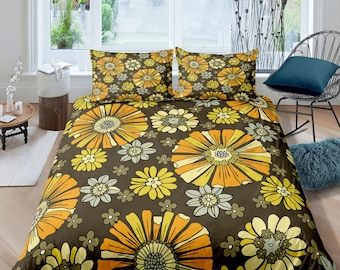 Mid century modern bedding brown floral duvet cover colorful retro bedding, vintage style boho chic bedspread aesthetic bedding daisy