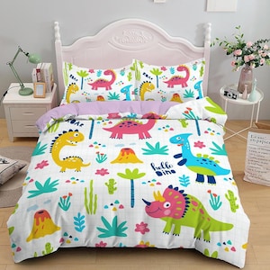 Cute dinosaur bedding, kids bedding full, unique duvet cover set, dinosaur nursery bed decor, colorful bedding, baby dinosaur, toddler