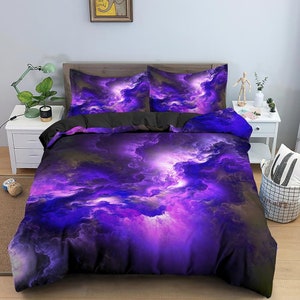 Nebula galaxy purple bedding, 3D outer space bedding set full, cosmic duvet cover king, queen, dorm bedding, toddler bedding aesthetic duvet