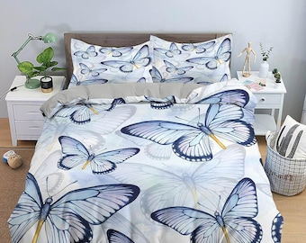 Butterfly bedding light blue purple duvet cover boho chic dorm bedding full size adult duvet king queen twin, nursery toddler bedding