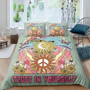 Peace sign 90s nostalgia hippie bedding retro duvet cover set, colorful bedding, teens and adult duvet cover, maximalist decor, sun and moon