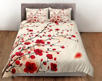 Cherry Blossom Cotton Duvet Cover Japanese Art Quilt Cover, Retro Bedding Set Adults Bedroom Blanket Cover, Vintage Bedspread