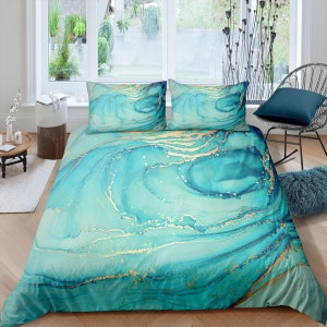 Contemporary bedroom set teal aesthetic duvet cover, luxury duvet gold marble abstract art room decor boho chic bedding set full king queen