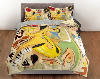 Saxophone cotton duvet cover piano quilt cover, Jazz music lover bedding set colorful bedspread, adults bedroom bedspread