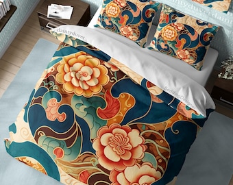 Orange Chrysanthemum Duvet Cover Japanese Pattern Quilt Cover, Oriental Pattern Bedding Set Colorful Blanket Cover, Retro Bedspread