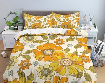 Mid century modern bedding orange floral duvet cover colorful retro bedding, vintage style boho maximalist bedspread aesthetic bedding daisy