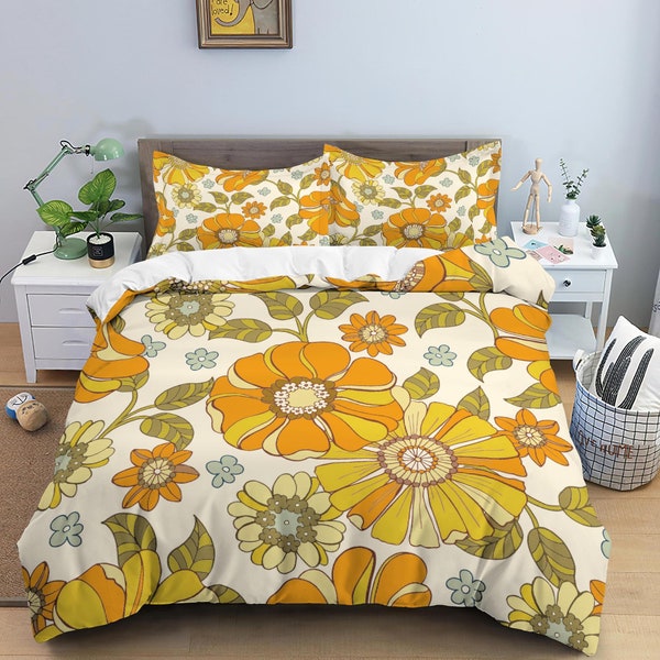 Mid century modern bedding orange floral duvet cover colorful retro bedding, vintage style boho maximalist bedspread aesthetic bedding daisy