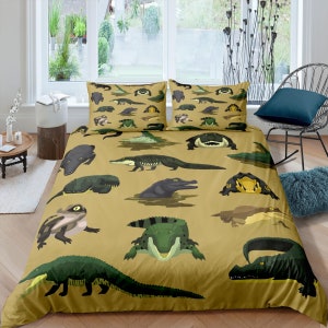 Crocodile bedding, kids bedding full, cute duvet cover set, crocodile nursery bed decor, colorful toddler bedding alligator