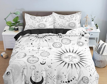 Celestial sun and moon bedding, witchy decor dorm bedding, aesthetic duvet, boho bedding set full king queen, astrology gifts, gothic art