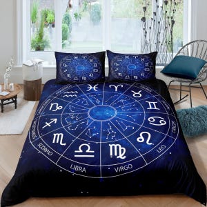 Zodiac signs celestial bedding, witchy decor dorm bedding, aesthetic duvet cover blue, boho bedding set full king queen, astrology gifts