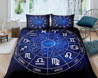Zodiac signs celestial bedding, witchy decor dorm bedding, aesthetic duvet cover blue, boho bedding set full king queen, astrology gifts