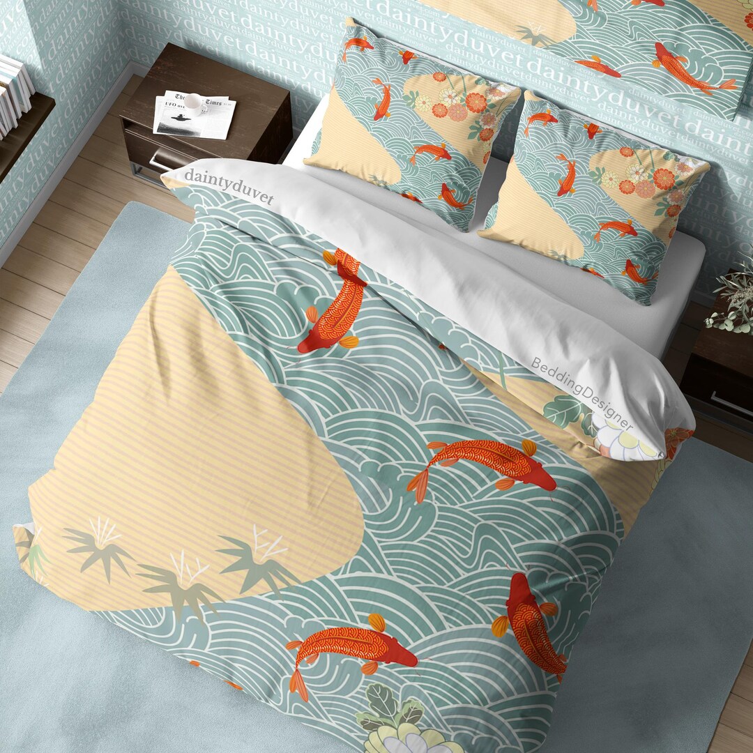 Koi Fish Duvet Cover Japanese Bedding Set, Oriental Pattern Quilt Cover Ocean Blanket Cover
