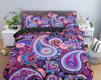 Colorful paisley purple duvet cover set, aesthetic room decor bedding set full, king, queen size, abstract boho bedspread, luxury bed cover