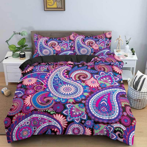 Colorful paisley purple duvet cover set, aesthetic room decor bedding set full, king, queen size, abstract boho bedspread, luxury bed cover