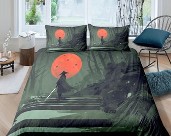 Military green oriental bedding, Samurai on Japanese duvet cover set for king, queen, full, twin, single bed, Aesthetic zipper bedding
