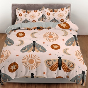 Moth cotton duvet cover insect quilt cover, celestial bedding set stars blanket cover, adults bedroom bedspread reversible bedcover