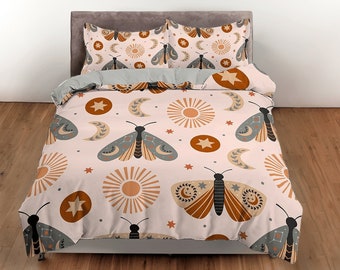Moth cotton duvet cover insect quilt cover, celestial bedding set stars blanket cover, adults bedroom bedspread reversible bedcover
