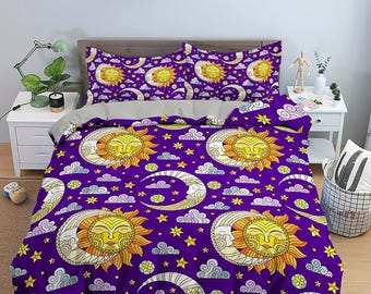 Celestial bedding sun and moon, witchy decor dorm bedding, purple aesthetic duvet cover set, boho bedding set full king queen, astrology