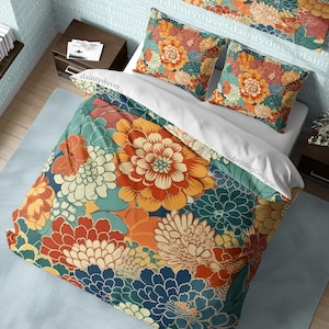 Colorful Japanese Chrysanthemum Duvet Cover Flower Quilt Cover, Cotton Bedding Set Teens Bedroom Blanket Cover, Vintage Floral Bed Cover