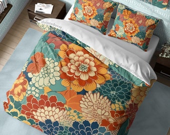 Colorful Japanese Chrysanthemum Duvet Cover Flower Quilt Cover, Cotton Bedding Set Teens Bedroom Blanket Cover, Vintage Floral Bed Cover