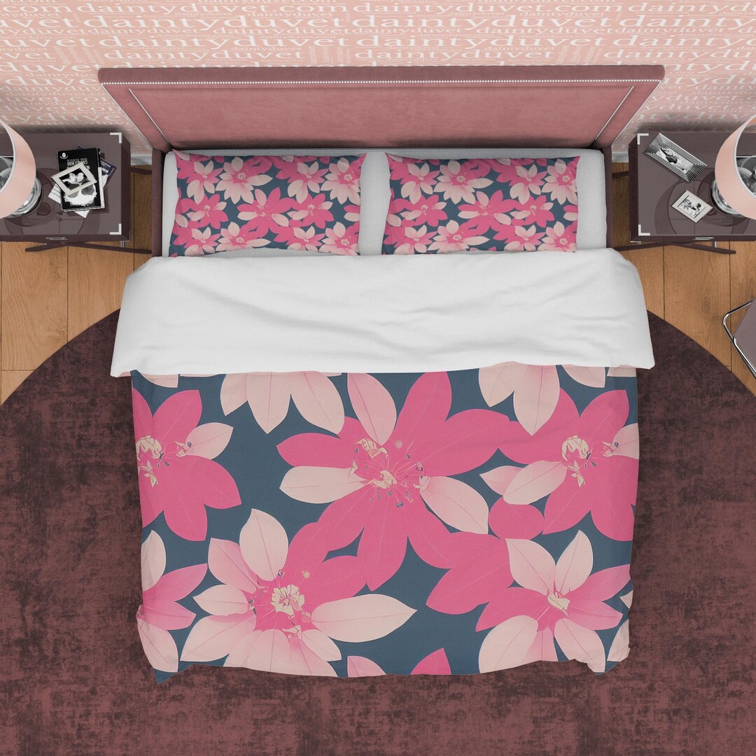 Pink Floral Duvet Cover Set, Aesthetic Bedding for Bohemian Bedroom